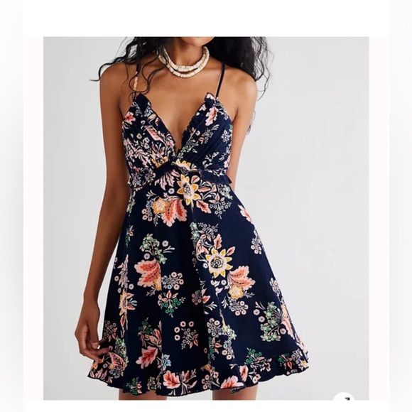 Free People Dresses & Skirts - NWT Free People Mini Dress Corduroy Ruffle Navy Floral Sundress Women’s Size XS